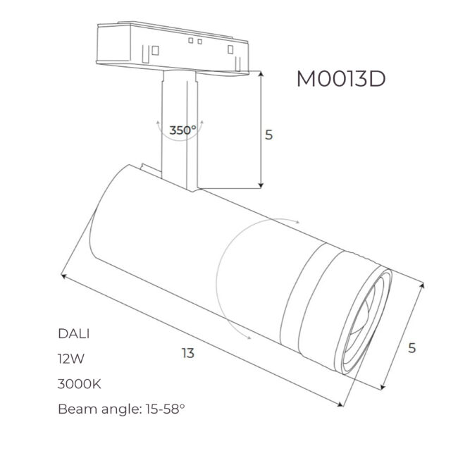 Прожектор поворотний Maxlight для магнітного шинопроводу 12W 15°-58° 3000K DALI M0013D