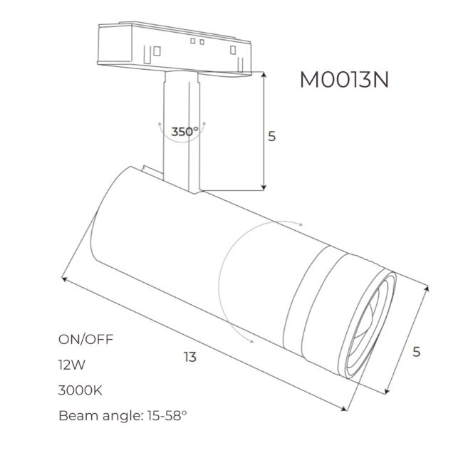 Прожектор поворотний Maxlight для магнітного шинопроводу 12W 15°-58° 3000K ON/OFF M0013N